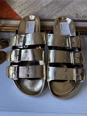 Rebecca Minkoff Tania Gold metallic -Buckle Sandals Eye catching